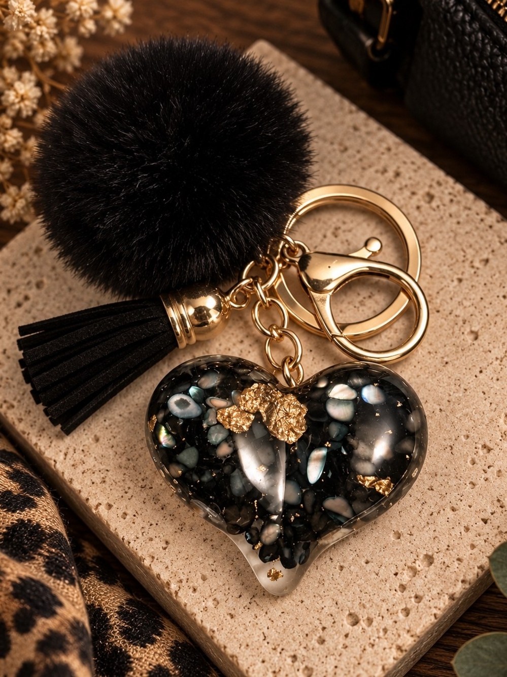 Heart Resin Purse Charm Keychain with Black Pom Pom and Gold Accents New